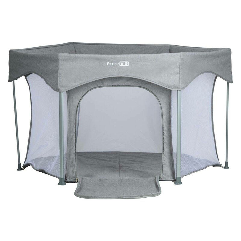 Tarc de joaca, FreeON, Hexagon, Pliabil, Intrare cu fermoar, Cu geanta de transport, 117 x 74 cm, Grey