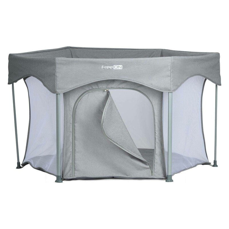 Tarc de joaca, FreeON, Hexagon, Pliabil, Intrare cu fermoar, Cu geanta de transport, 117 x 74 cm, Grey