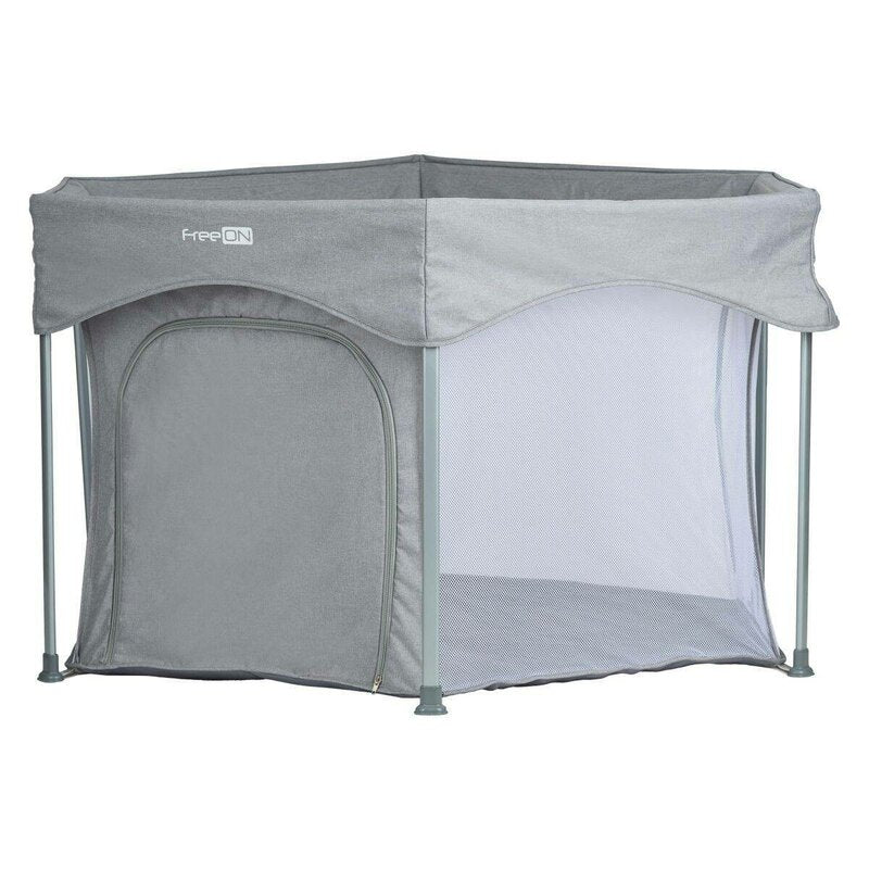 Tarc de joaca, FreeON, Hexagon, Pliabil, Intrare cu fermoar, Cu geanta de transport, 117 x 74 cm, Grey