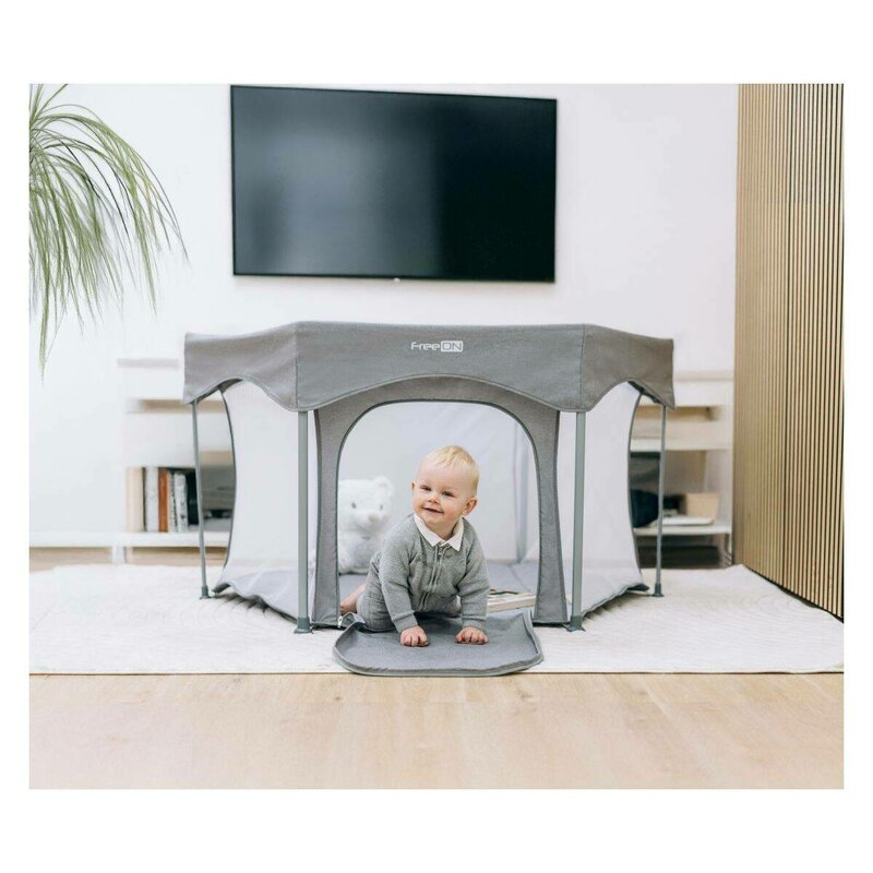 Tarc de joaca, FreeON, Hexagon, Pliabil, Intrare cu fermoar, Cu geanta de transport, 117 x 74 cm, Grey