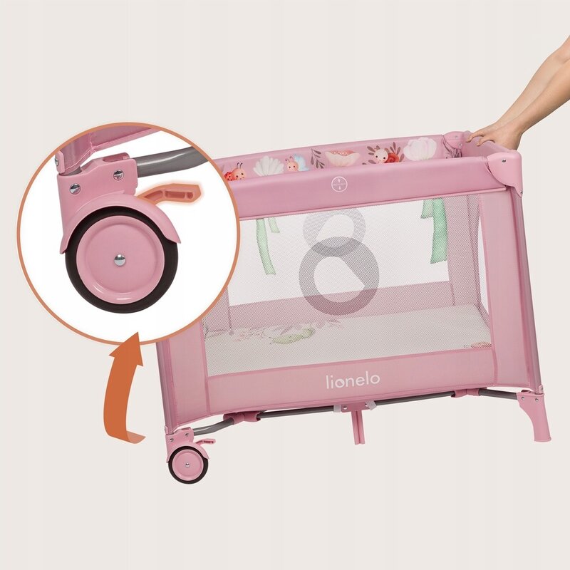 Tarc de joaca, Lionelo, Mille Plus, Pliabil, Include saltea cu densitate T25, 4 jucarii cu velcro, Manere textile, Geanta de transport, Cu roti si inchidere laterala, Pereti din plasa pentru vizibilitate si aerisire, 100 x 100 x 77 cm, Roz