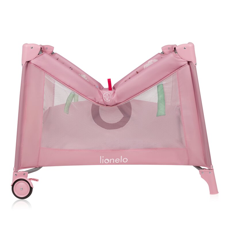 Tarc de joaca, Lionelo, Mille Plus, Pliabil, Include saltea cu densitate T25, 4 jucarii cu velcro, Manere textile, Geanta de transport, Cu roti si inchidere laterala, Pereti din plasa pentru vizibilitate si aerisire, 100 x 100 x 77 cm, Roz