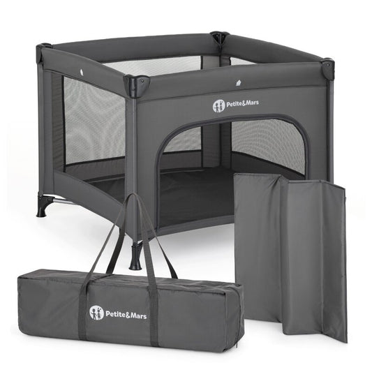 Tarc pliant, Petite&Mars, Nook, 90 x 90 cm, Pliere compacta, Include geanta de transport, Intrare laterala, Pereti din plasa, Structura stabila, Pana la 15 kg, 0 luni+, Gri
