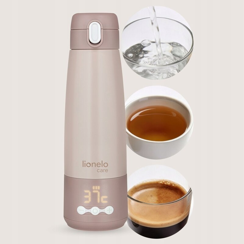 Termos inteligent cu incalzire, Lionelo, ThermUp Bottle, Incalzeste in 3.5 min, Mentine temperatura pana la 20 h, Constructie vidata cu 5 straturi, Capacitate 350 ml, USB-C, 5 setari de temperatura: 37-55°C, Roz nude