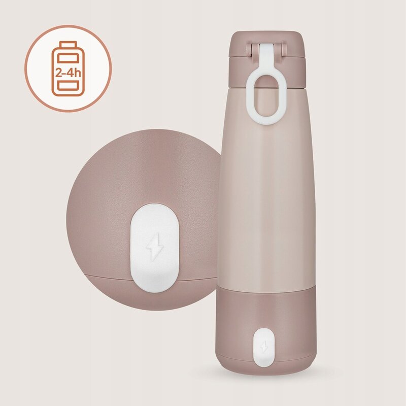 Termos inteligent cu incalzire, Lionelo, ThermUp Bottle, Incalzeste in 3.5 min, Mentine temperatura pana la 20 h, Constructie vidata cu 5 straturi, Capacitate 350 ml, USB-C, 5 setari de temperatura: 37-55°C, Roz nude