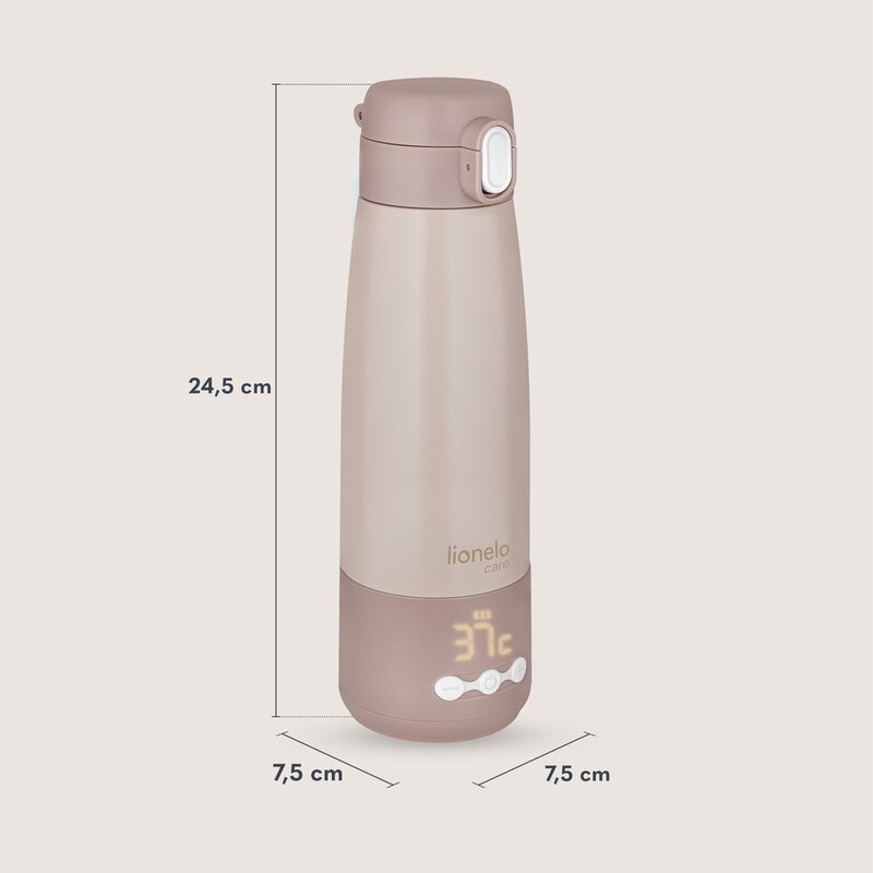 Termos inteligent cu incalzire, Lionelo, ThermUp Bottle, Incalzeste in 3.5 min, Mentine temperatura pana la 20 h, Constructie vidata cu 5 straturi, Capacitate 350 ml, USB-C, 5 setari de temperatura: 37-55°C, Roz nude