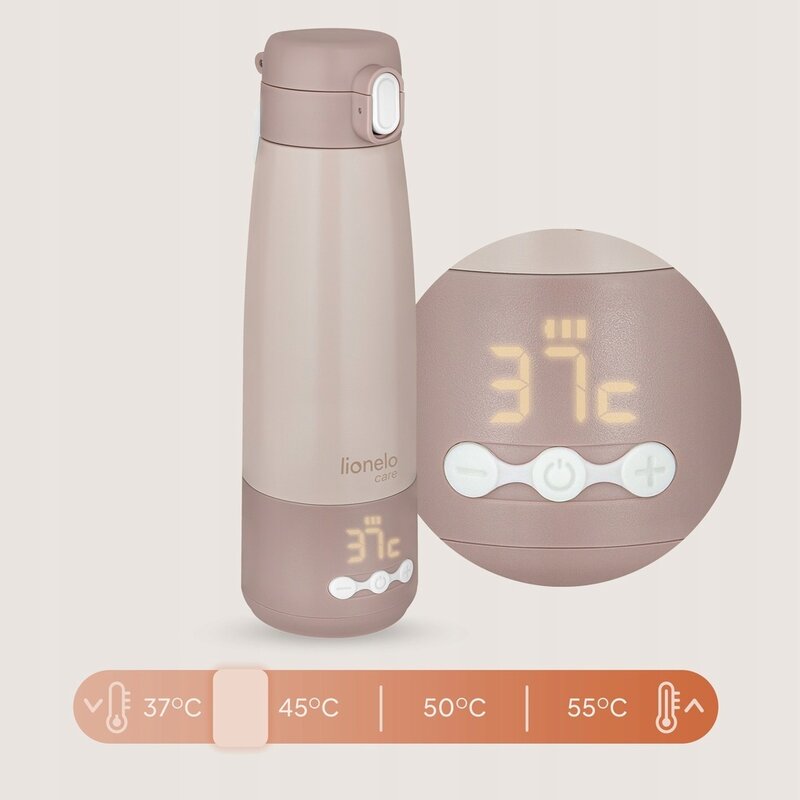 Termos inteligent cu incalzire, Lionelo, ThermUp Bottle, Incalzeste in 3.5 min, Mentine temperatura pana la 20 h, Constructie vidata cu 5 straturi, Capacitate 350 ml, USB-C, 5 setari de temperatura: 37-55°C, Roz nude