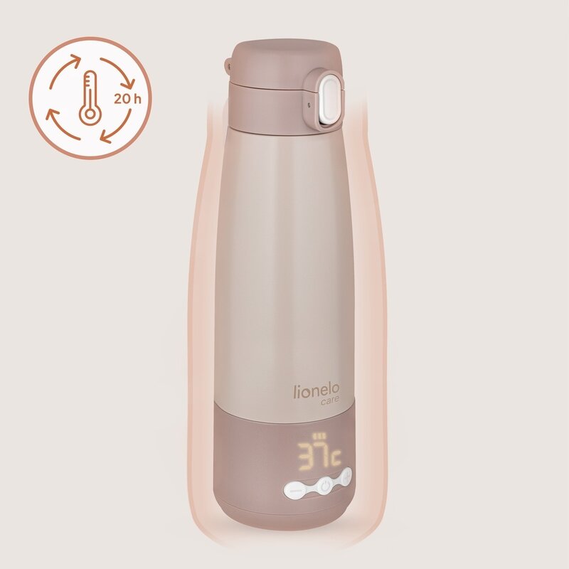 Termos inteligent cu incalzire, Lionelo, ThermUp Bottle, Incalzeste in 3.5 min, Mentine temperatura pana la 20 h, Constructie vidata cu 5 straturi, Capacitate 350 ml, USB-C, 5 setari de temperatura: 37-55°C, Roz nude