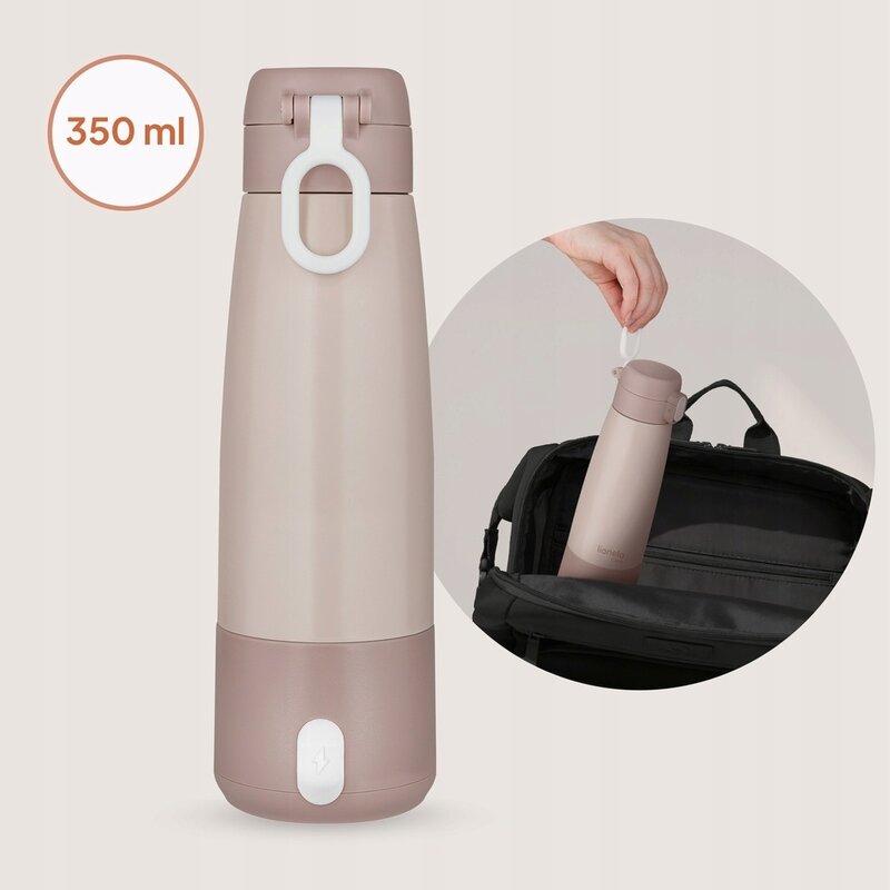 Termos inteligent cu incalzire, Lionelo, ThermUp Bottle, Incalzeste in 3.5 min, Mentine temperatura pana la 20 h, Constructie vidata cu 5 straturi, Capacitate 350 ml, USB-C, 5 setari de temperatura: 37-55°C, Roz nude