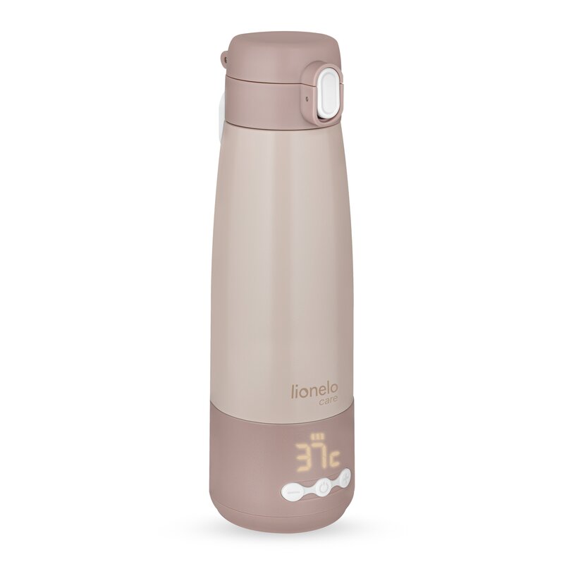 Termos inteligent cu incalzire, Lionelo, ThermUp Bottle, Incalzeste in 3.5 min, Mentine temperatura pana la 20 h, Constructie vidata cu 5 straturi, Capacitate 350 ml, USB-C, 5 setari de temperatura: 37-55°C, Roz nude