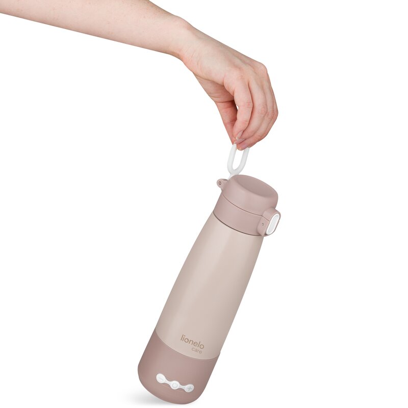 Termos inteligent cu incalzire, Lionelo, ThermUp Bottle, Incalzeste in 3.5 min, Mentine temperatura pana la 20 h, Constructie vidata cu 5 straturi, Capacitate 350 ml, USB-C, 5 setari de temperatura: 37-55°C, Roz nude