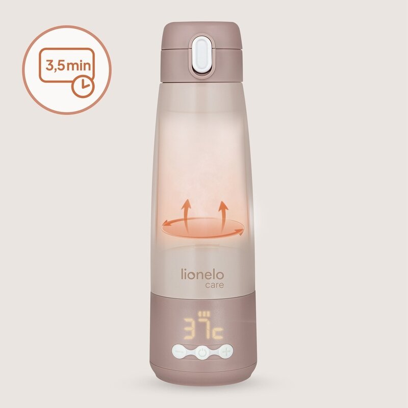 Termos inteligent cu incalzire, Lionelo, ThermUp Bottle, Incalzeste in 3.5 min, Mentine temperatura pana la 20 h, Constructie vidata cu 5 straturi, Capacitate 350 ml, USB-C, 5 setari de temperatura: 37-55°C, Roz nude