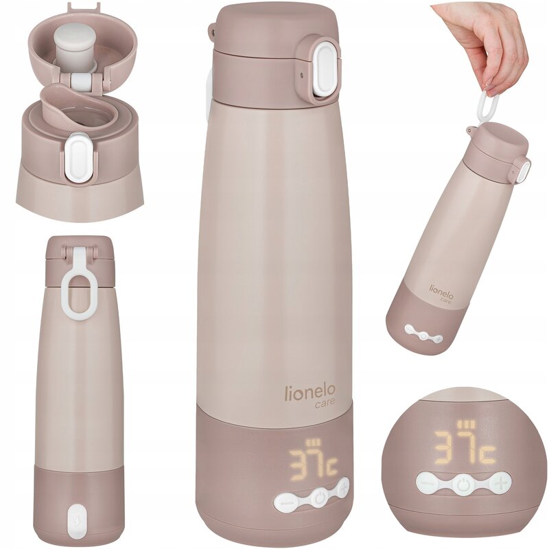 Termos inteligent cu incalzire, Lionelo, ThermUp Bottle, Incalzeste in 3.5 min, Mentine temperatura pana la 20 h, Constructie vidata cu 5 straturi, Capacitate 350 ml, USB-C, 5 setari de temperatura: 37-55°C, Roz nude