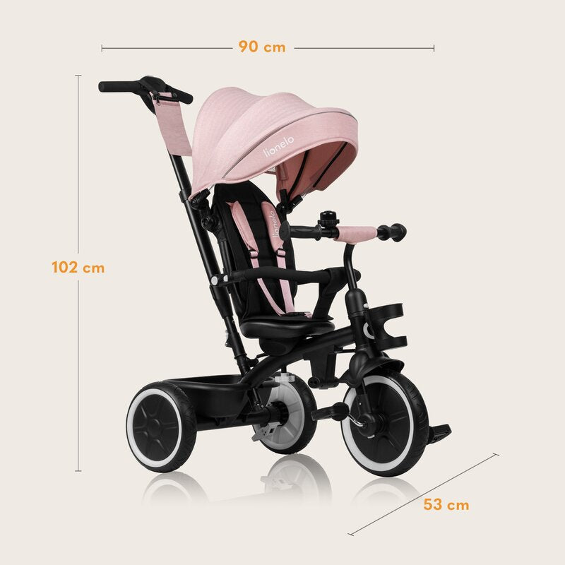 Tricicleta copii, Lionelo, Berry, 2 in 1, Multifunctionala, Suport picioare, Control al directiei, Scaun reversibil, Rotire 360 grade, Functie de roata libera, Utilizare pana la 5 ani, Constructie din otel, Conform cu standardul EN71, Roz