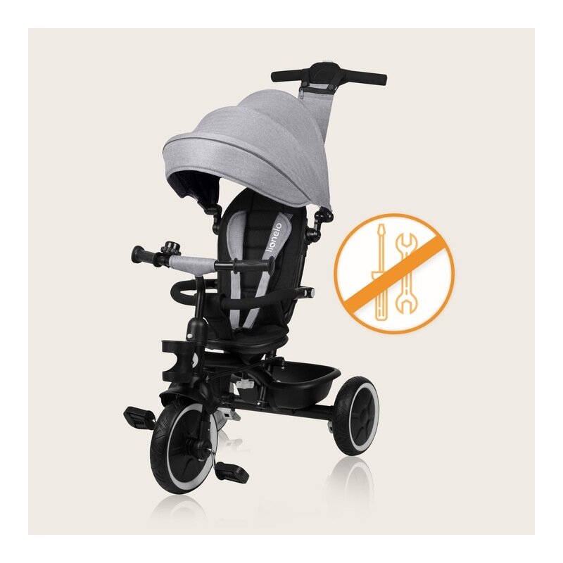 Tricicleta copii, Lionelo, Berry, 2 in 1, Multifunctionala, Suport picioare, Control al directiei, Scaun reversibil, Rotire 360 grade, Functie de roata libera, Utilizare pana la 5 ani, Constructie din otel, Conform cu standardul EN71, Gri