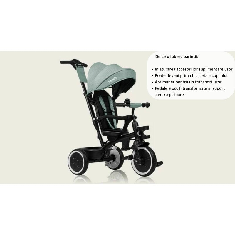 Tricicleta copii, Lionelo, Berry, 2 in 1, Multifunctionala, Suport picioare, Control al directiei, Scaun reversibil, Rotire 360 grade, Functie de roata libera, Utilizare pana la 5 ani, Constructie din otel, Conform cu standardul EN71, Gri