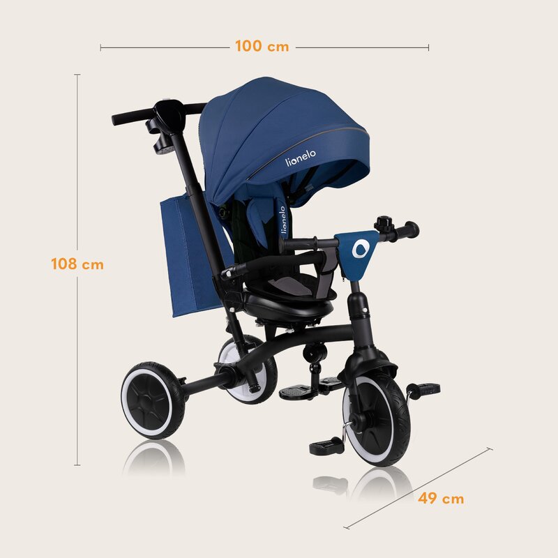 Tricicleta copii, Lionelo, Tris Plus, Ultrapliabila, Multifunctionala, Pana la 25 kg, Inclinare spatar in fata si in spate, Suport picioare, Control al directiei, Scaun reversibil, Rotire 360 grade, Conform cu EN71, 9 luni-5 ani, Albastru
