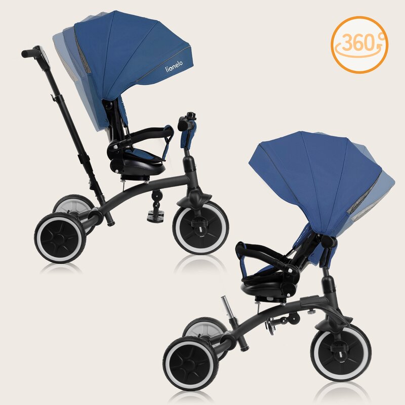 Tricicleta copii, Lionelo, Tris Plus, Ultrapliabila, Multifunctionala, Pana la 25 kg, Inclinare spatar in fata si in spate, Suport picioare, Control al directiei, Scaun reversibil, Rotire 360 grade, Conform cu EN71, 9 luni-5 ani, Albastru