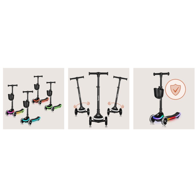 Trotineta pentru copii, Lionelo, Mey, Ultrapliabila, Cu lumini si cosulet, Maner ajustabil pe inaltime, 3 ani+, Pana la 50 Kg, Ultra usor, 2.8 kg, Conform cu standardul EN71-1/2/3, Certificata Intertek, Negru