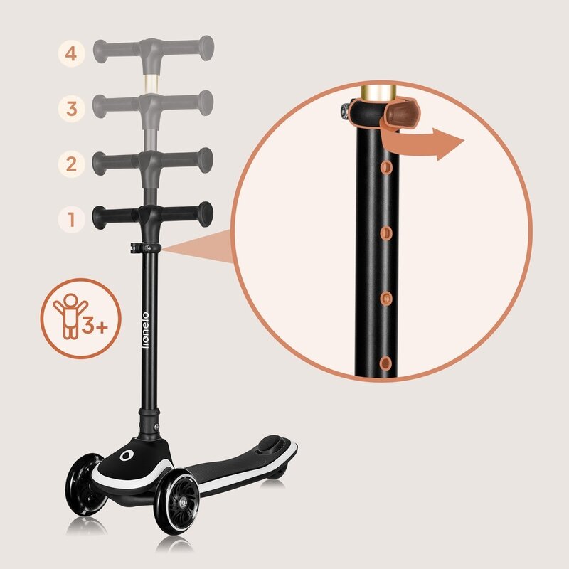 Trotineta pentru copii, Lionelo, Mey, Ultrapliabila, Cu lumini si cosulet, Maner ajustabil pe inaltime, 3 ani+, Pana la 50 Kg, Ultra usor, 2.8 kg, Conform cu standardul EN71-1/2/3, Certificata Intertek, Negru