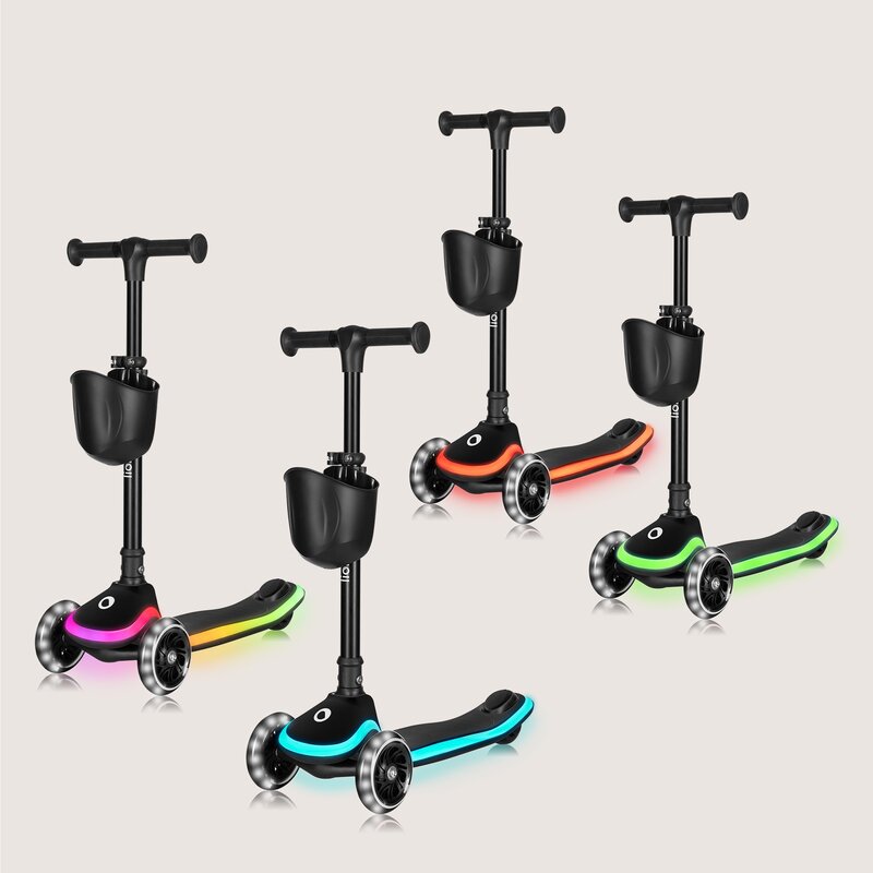 Trotineta pentru copii, Lionelo, Mey, Ultrapliabila, Cu lumini si cosulet, Maner ajustabil pe inaltime, 3 ani+, Pana la 50 Kg, Ultra usor, 2.8 kg, Conform cu standardul EN71-1/2/3, Certificata Intertek, Negru