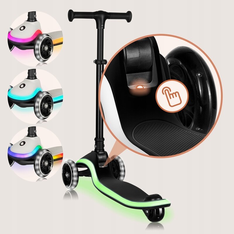 Trotineta pentru copii, Lionelo, Mey, Ultrapliabila, Cu lumini si cosulet, Maner ajustabil pe inaltime, 3 ani+, Pana la 50 Kg, Ultra usor, 2.8 kg, Conform cu standardul EN71-1/2/3, Certificata Intertek, Negru