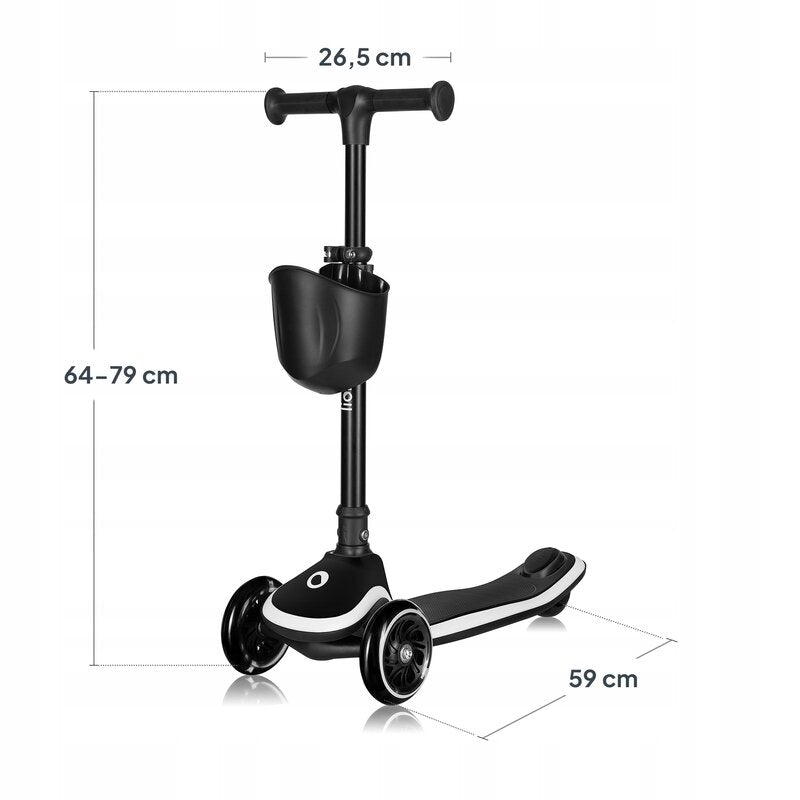Trotineta pentru copii, Lionelo, Mey, Ultrapliabila, Cu lumini si cosulet, Maner ajustabil pe inaltime, 3 ani+, Pana la 50 Kg, Ultra usor, 2.8 kg, Conform cu standardul EN71-1/2/3, Certificata Intertek, Negru