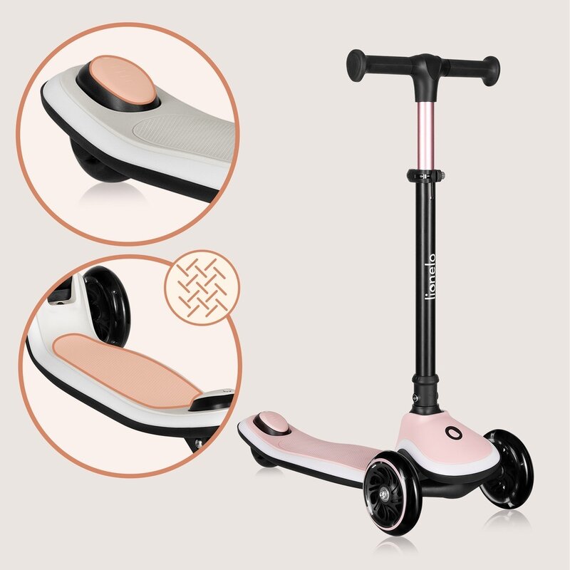 Trotineta pentru copii, Lionelo, Mey, Ultrapliabila, Cu lumini si cosulet, Maner ajustabil pe inaltime, 3 ani+, Pana la 50 Kg, Ultra usor, 2.8 kg, Conform cu standardul EN71-1/2/3, Certificata Intertek, Roz