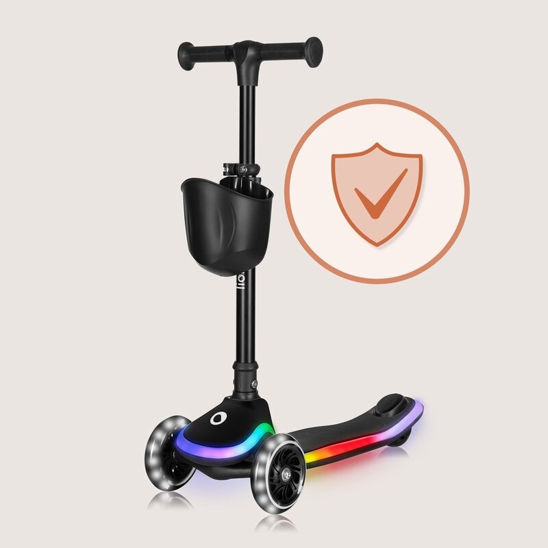 Trotineta pentru copii, Lionelo, Mey, Ultrapliabila, Cu lumini si cosulet, Maner ajustabil pe inaltime, 3 ani+, Pana la 50 Kg, Ultra usor, 2.8 kg, Conform cu standardul EN71-1/2/3, Certificata Intertek, Negru