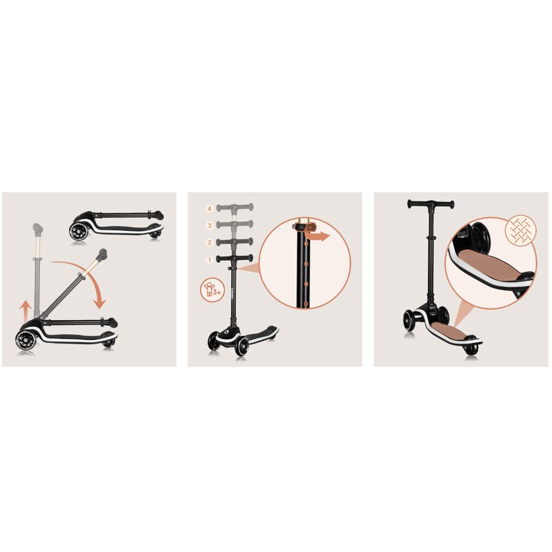 Trotineta pentru copii, Lionelo, Mey, Ultrapliabila, Cu lumini si cosulet, Maner ajustabil pe inaltime, 3 ani+, Pana la 50 Kg, Ultra usor, 2.8 kg, Conform cu standardul EN71-1/2/3, Certificata Intertek, Negru