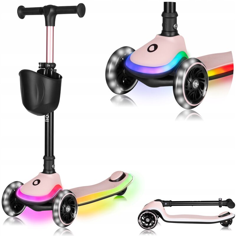 Trotineta pentru copii, Lionelo, Mey, Ultrapliabila, Cu lumini si cosulet, Maner ajustabil pe inaltime, 3 ani+, Pana la 50 Kg, Ultra usor, 2.8 kg, Conform cu standardul EN71-1/2/3, Certificata Intertek, Roz