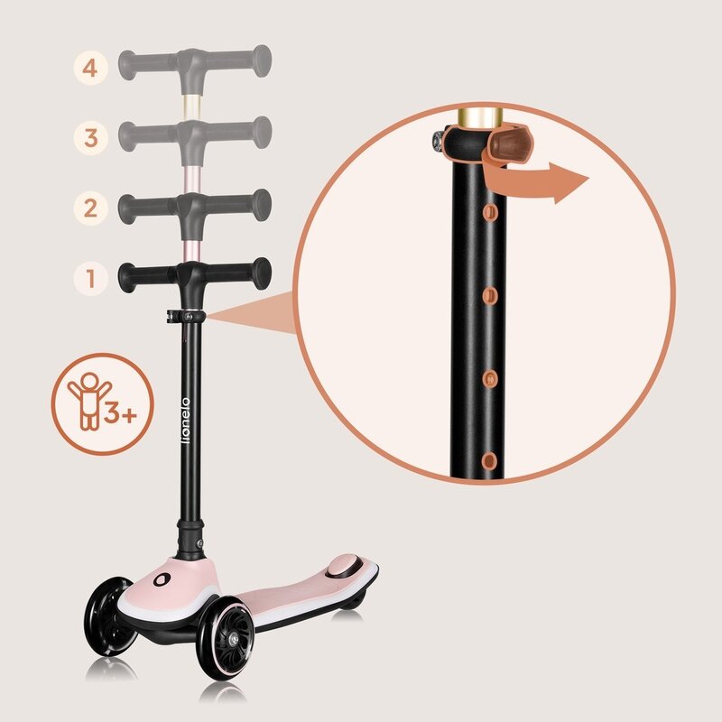 Trotineta pentru copii, Lionelo, Mey, Ultrapliabila, Cu lumini si cosulet, Maner ajustabil pe inaltime, 3 ani+, Pana la 50 Kg, Ultra usor, 2.8 kg, Conform cu standardul EN71-1/2/3, Certificata Intertek, Roz