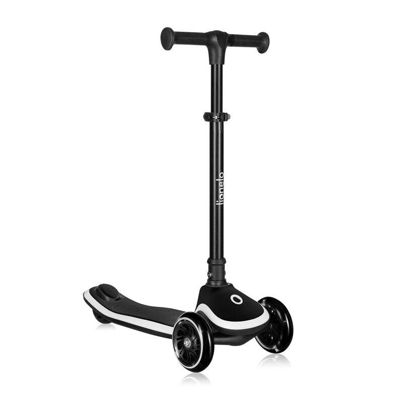 Trotineta pentru copii, Lionelo, Mey, Ultrapliabila, Cu lumini si cosulet, Maner ajustabil pe inaltime, 3 ani+, Pana la 50 Kg, Ultra usor, 2.8 kg, Conform cu standardul EN71-1/2/3, Certificata Intertek, Negru