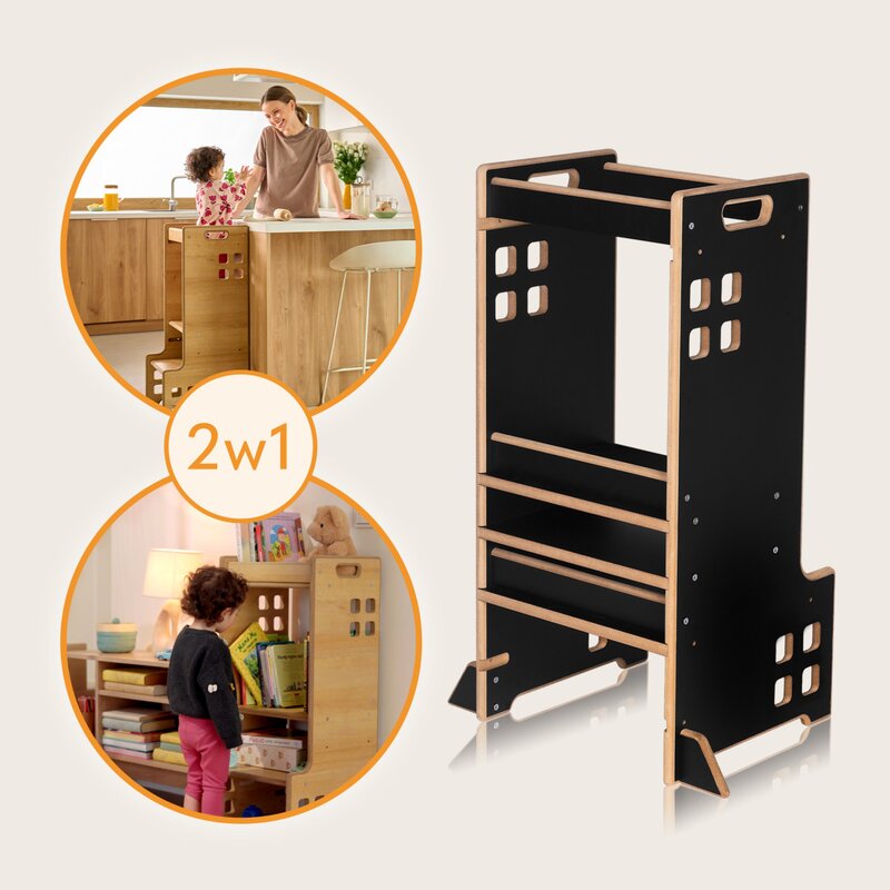 Turn de invatare Montessori, Lionelo, Cass, Functie de raft pentru carti, Pana la 30 kg, 12 luni - 6 ani, Din MDF si furnir, 3 trepte de inaltime, Negru