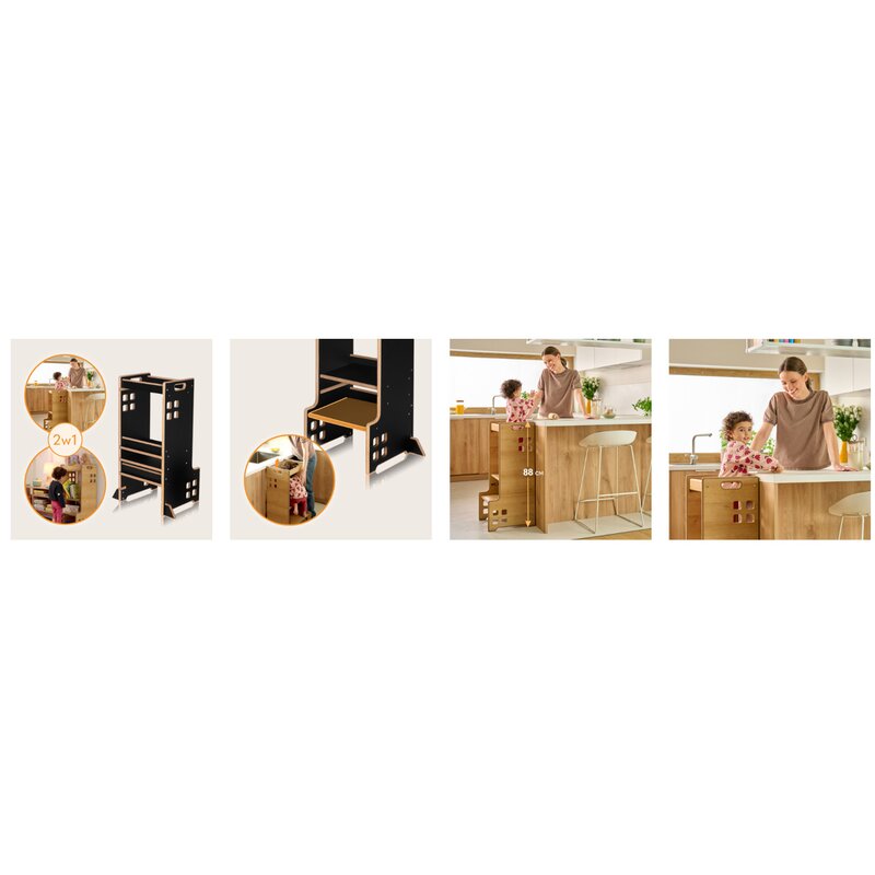 Turn de invatare Montessori, Lionelo, Cass, Functie de raft pentru carti, Pana la 30 kg, 12 luni - 6 ani, Din MDF si furnir, 3 trepte de inaltime, Negru
