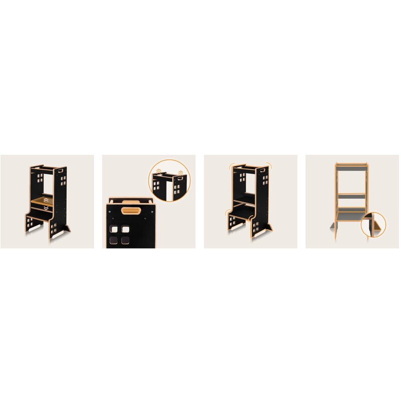 Turn de invatare Montessori, Lionelo, Cass, Functie de raft pentru carti, Pana la 30 kg, 12 luni - 6 ani, Din MDF si furnir, 3 trepte de inaltime, Negru