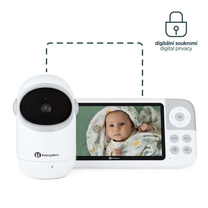 Video monitor, Petite&Mars, Eve 5.0, Ecran HD, Autonomie baterie pana la 16 ore, Raza de actiune 300m, Suport pentru pana la 4 camere, Comunicare bidirectionala, 8 melodii, Activare VOX la voce, Alb