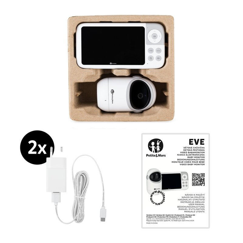Video monitor, Petite&Mars, Eve 5.0, Ecran HD, Autonomie baterie pana la 16 ore, Raza de actiune 300m, Suport pentru pana la 4 camere, Comunicare bidirectionala, 8 melodii, Activare VOX la voce, Alb