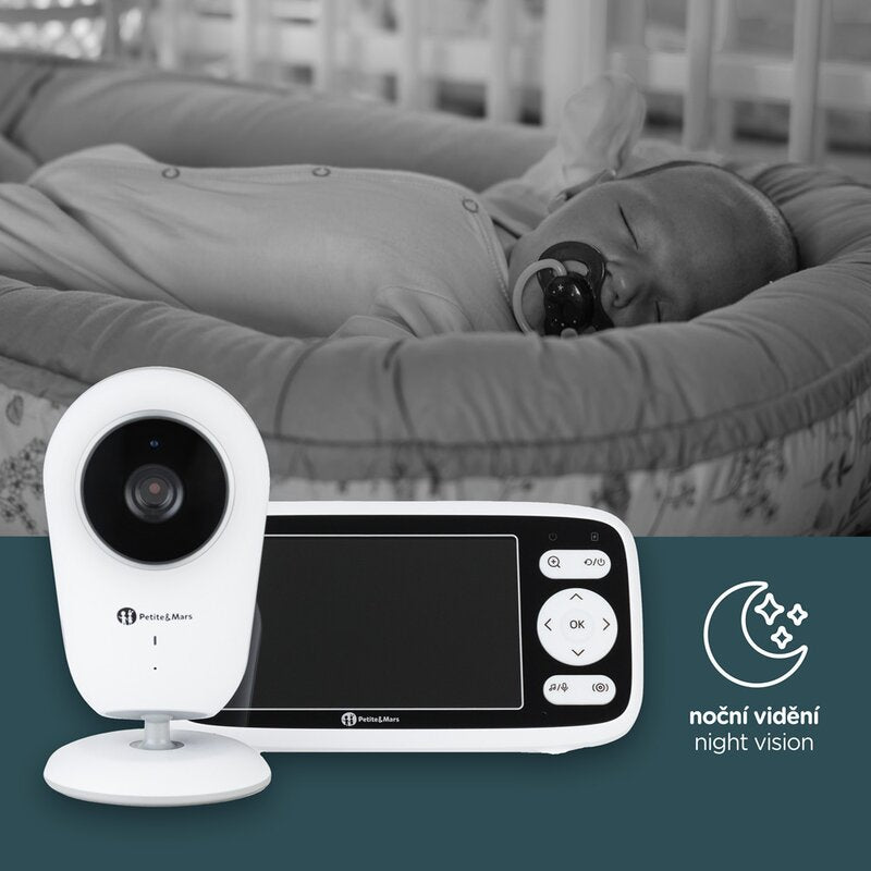 Video monitor, Petite&Mars, Nano 4.0, Ecran HD, Zoom digital 3×, Raza de actiune 300m, Suport pentru pana la 4 camere, Comunicare bidirectionala, 8 melodii, Alb